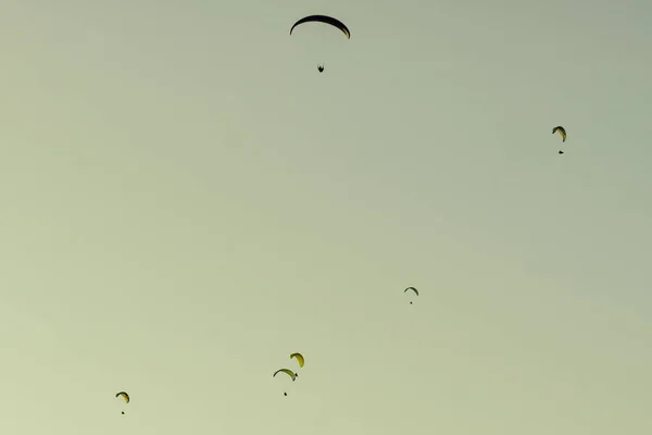 Paragliding Extrémní Sport Mnoho Paraglidistů Silueta Létání Obloze — Stock fotografie