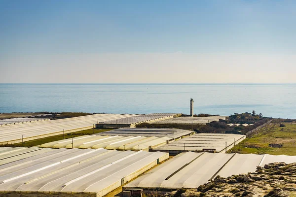 Spanish Landscape View Sea Coast Many Plastic Greenhouses Hills Almeria — Stock Photo, Image