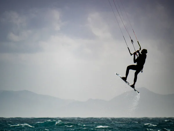 Kiteboarding Kite Surfer Rides Waves Tarifa Spain Sports Activity Kitesurfing — Stock Photo, Image