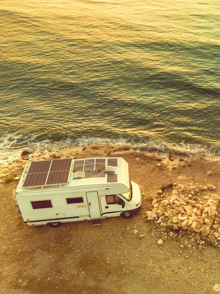 Caravan Solar Panels Roof Camping Coastal Cliff Mediterranean Sea Spain — Photo