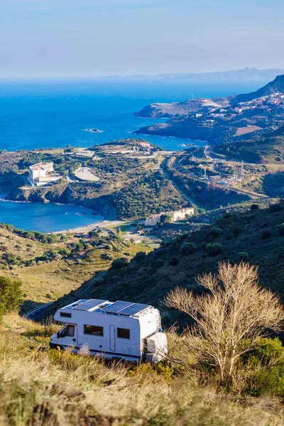 Caravan Solar Panels Roof Camping Sea Coast Occitania France — Stock Photo, Image