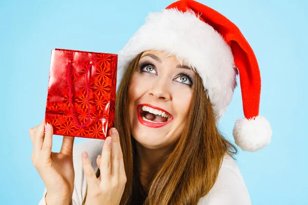 Smiling Woman Happy Give Christmas Gifts Female Wearing Santa Claus — Stock Photo, Image