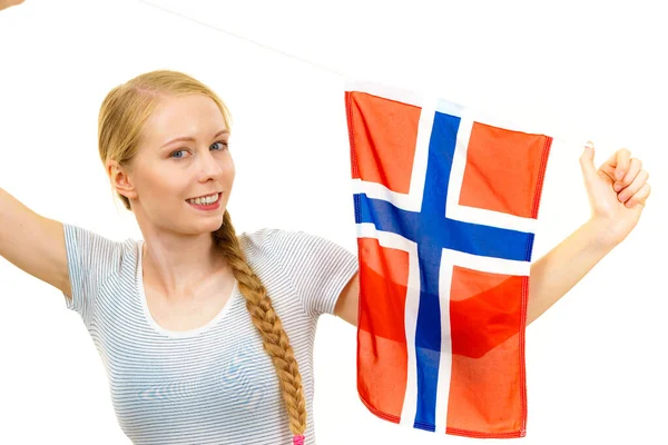 Blond Flicka Fläta Hår Med Norsk Flagga Skandinaviska Människor — Stockfoto