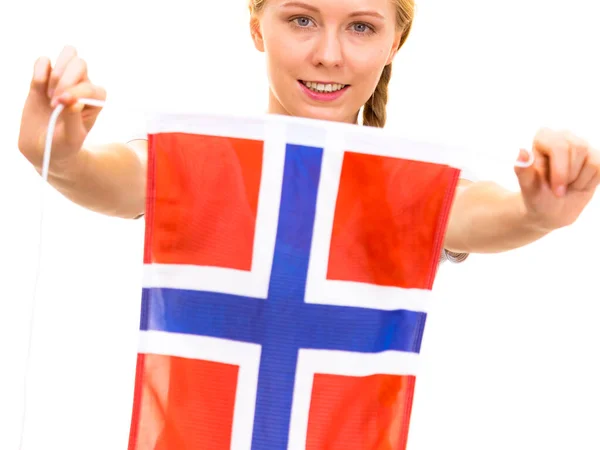 Adolescente Rubia Sosteniendo Bandera Noruega Educación Escuela Noruego Visite Noruega — Foto de Stock