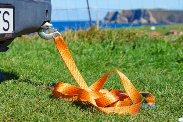 Crochet Remorquage Avec Sangle Orange Sur Voiture Équipement Remorquage Remorquage — Photo