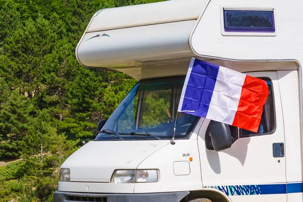 Caravan French Flag Camping Green Nature Motor Home Vacation France — Stock Photo, Image