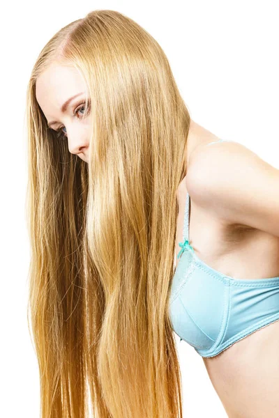 Jeune Femme Blonde Aux Cheveux Longs Petits Seins Portant Soutien — Photo