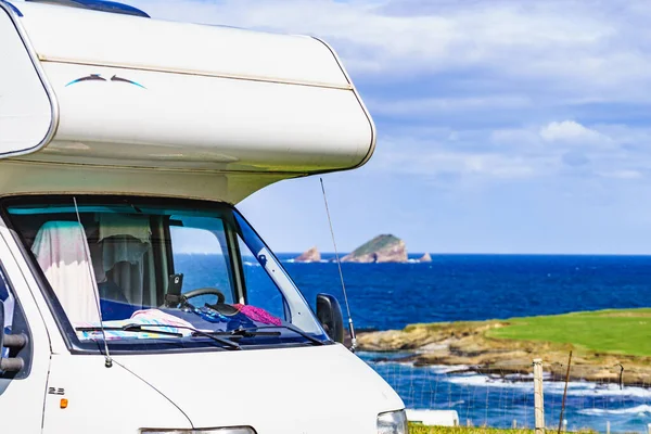 stock image Camper camping on seashore. Asturias coast, northern Spain.