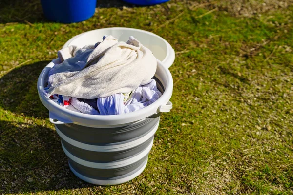 Doing Laundry Vacation Trip Buckets Washing Clothes Outdoors Nature — Stock Photo, Image