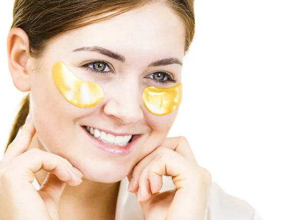 Woman Applying Golden Collagen Patches Eyes White Mask Removing Wrinkles — Stock Photo, Image