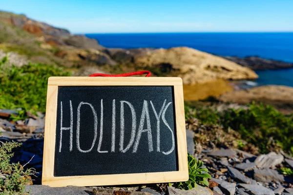 Black Board Word Holidays Spanish Sea Coast Travel Holidays — Stock Fotó
