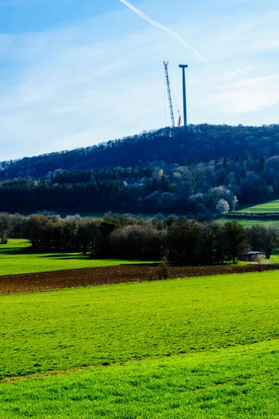 Countryside Landscape Crane Wind Turbine Hill France Windmill Repair — Stock Photo, Image