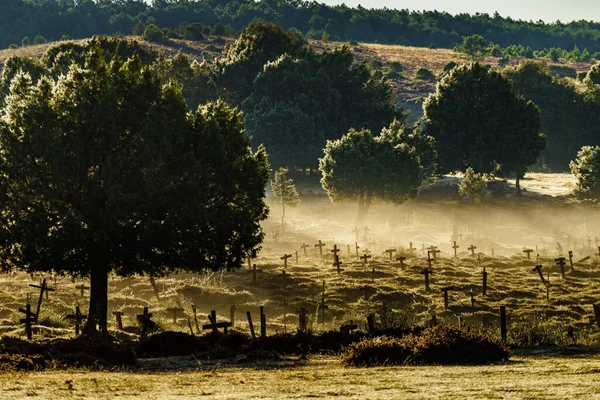 Hazy Foggy Weather Early Morning Sad Hill Cemetery Burgos Spain — Stock Fotó