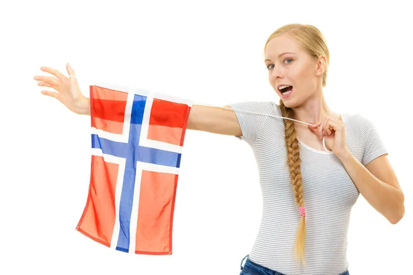 Szőke Fiatal Tini Lány Fonott Haj Tartja Norvég Zászló Skandináv — Stock Fotó