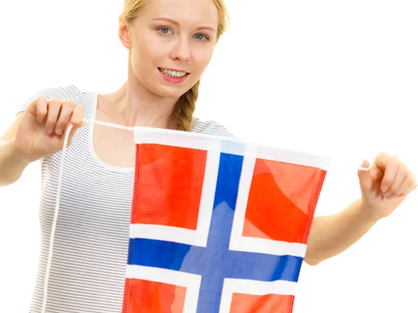 Blond Tonårstjej Med Norsk Flagga Utbildning Språkstudier — Stockfoto