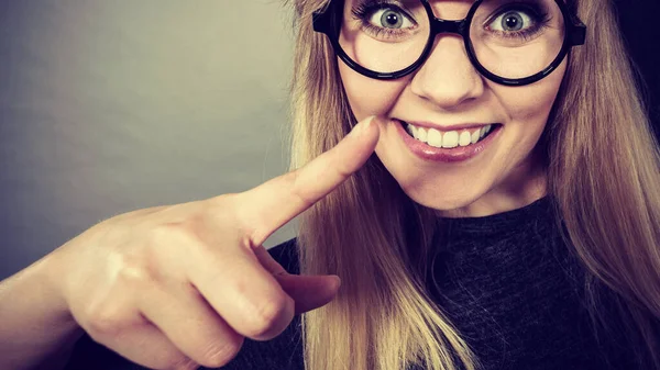 Closeup Weirdo Woman Face Wearing Big Nerd Geek Eyeglasses Having — Stock Photo, Image