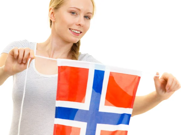 Blonde Teenage Girl Holding Norwegian Flag Education Language Learning — Stock Photo, Image