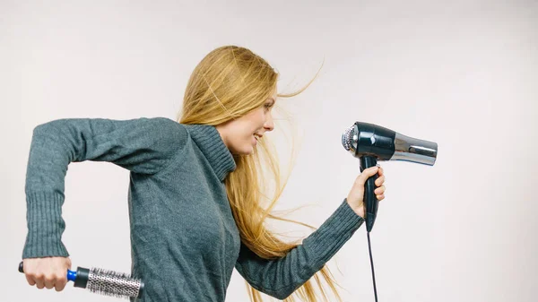 Female Holds Accessories Hairdryer Brush Blonde Woman Styling Her Very — Stock Photo, Image