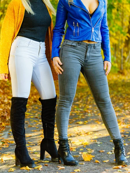 Unrecognizable Women Wearing Black Warm Shoes High Knee Boots Autumnal — Stock Photo, Image