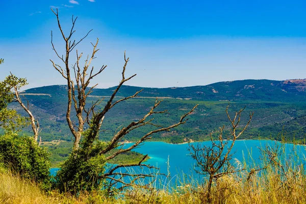 Kilátás Lake Sainte Croix Verdon Szurdok Francia Alpokban Hegyek Provence — Stock Fotó