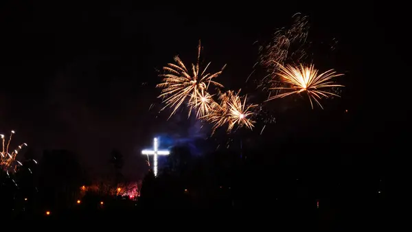 Vuurwerk Explosie Lucht Het Vieren Van Nieuwjaar Gdynia Stad Polen — Stockfoto