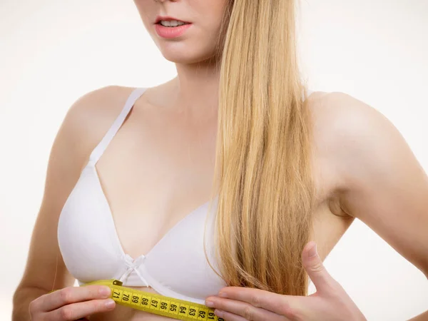 Young Slim Woman Wearing Bra Yellow Measure Tape Measuring Her — Stock Photo, Image