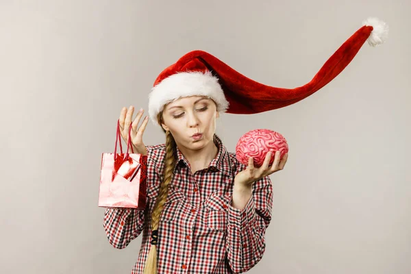 Xmas Seasonal Christmas Smart Clever Shopping Concept Happy Woman Wearing — Stock Photo, Image