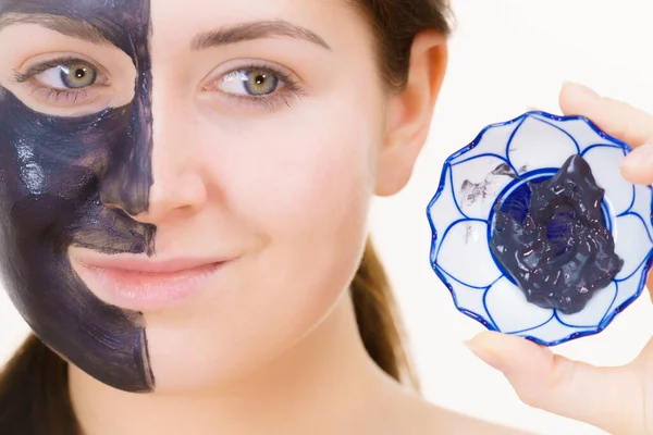 Woman Applying Clay Carbo Detox Black Mask Her Face White — Stock Photo, Image