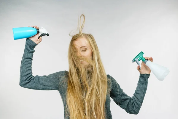 Young Female Messy Long Blonde Hair Holding Bottle Applying Hair — Stock Photo, Image