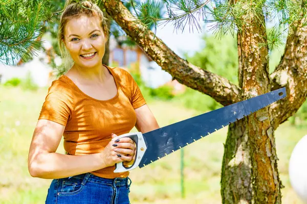 Woman Garden Saw Removing Cutting Branches Old Tree Firewood — Stock Photo, Image