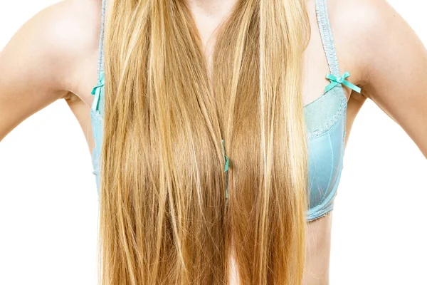 Young Blonde Woman Wearing Bra Covering Her Breast Long Hair — Stock Photo, Image