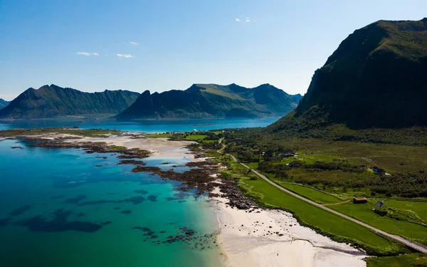 stock image Coast of Gimsoya island, Gimsoysand sandy beach in summer. Nordland county, Lofoten archipelago Norway. Tourist attraction.