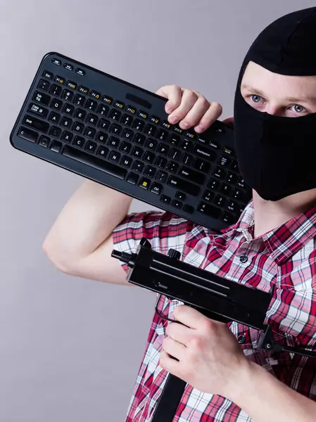 Crazy Hacker Man Unrecognizable Guy Wearing Black Balaclava Holding Computer — Stock Photo, Image