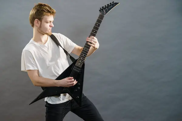 Man Playing Electric Guitar Gig Musical Instrument Teenage Boy Having — Stock Photo, Image