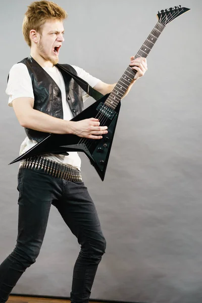 Teen Hardcore Man Wearing Metal Outfit Playing Electric Guitar Heavy — Stock Photo, Image
