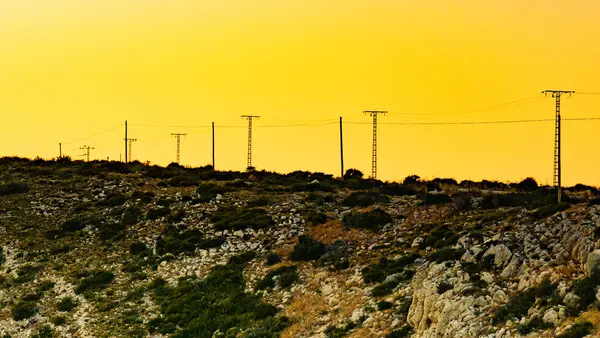 Spanish Mountain Rocky Coastline Electricity Transmission Pylon Power Line Voltage — Stock Photo, Image