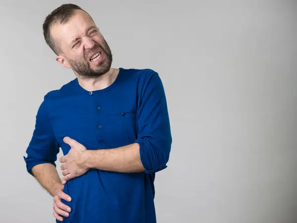 Adult Guy Suffering Stomach Ribs Pain Ache Health Problems Issues — Stock Photo, Image