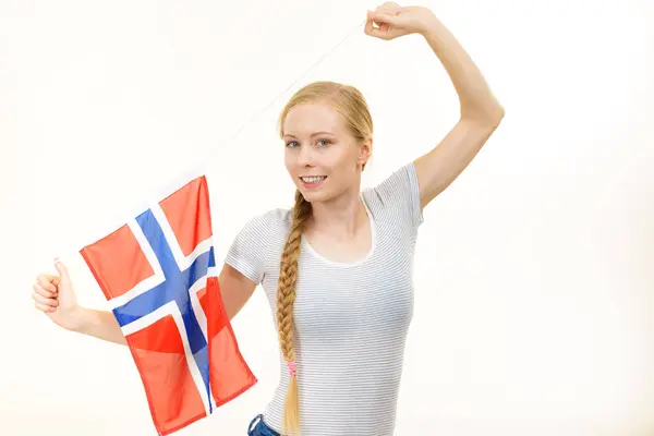 Blonde Young Woman Teen Girl Braid Hair Holds Norwegian Flag — Stock Photo, Image