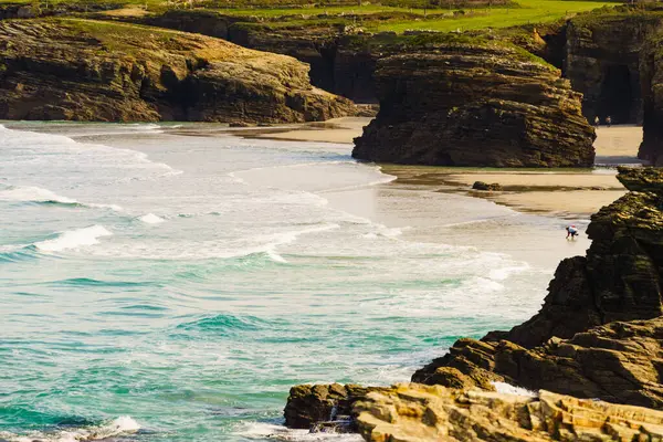 stock image Cantabric coast landscape in northern Spain. Cliff formations on Cathedral Beach, Galicia Spain. Playa de las Catedrales, As Catedrais in Ribadeo, province of Lugo. Tourist attraction.