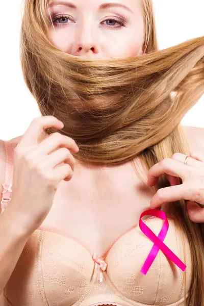 Woman Wih Pink Ribbon Chest Covers Her Mouth Long Hair — Stock Photo, Image