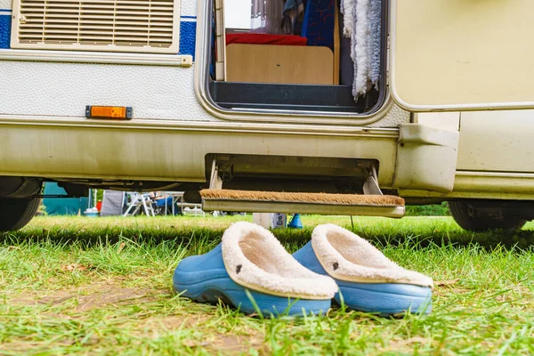 Shoes Front Camper Car Step Travel Motorhome Holidays — Stock Photo, Image