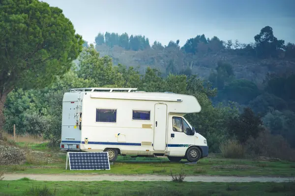 Caravan Portable Solar Panel Camping Autumn Nature Portugal — Stock Photo, Image