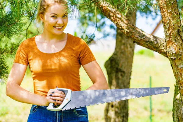 Woman Garden Saw Removing Cutting Branches Old Tree Firewood — Stock Photo, Image