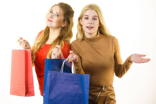 Two Teen Women Being Happy Shopping Female Friends Holding Colorful — Stock Photo, Image