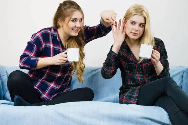 Two Female Friends Sitting Together Sofa Chatting Talking Gossiping Drinking — Stock Photo, Image