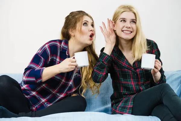 Two Female Friends Sitting Together Sofa Chatting Talking Gossiping Drinking — Stock Photo, Image