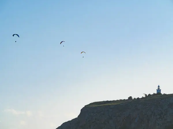 Paragliding Extreme Sport Paragliders Silhouette Flying Blue Sky Spain Alicante — Stock Photo, Image