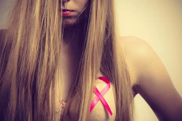 Woman Wih Pink Ribbon Chest Treatment Prevention Breast Cancer — Stock Photo, Image