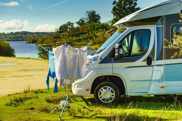 Camping Nature Road Trip Laundry Clothes Hanging Dry Outdoor Camper — Stock Photo, Image