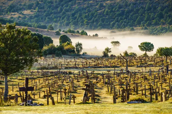 Hazy Foggy Weather Early Morning Sad Hill Cemetery Burgos Spain — Stock Fotó